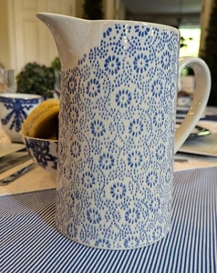 Home Essentials Blue Geo Blue and White Ceramic Pitcher NEW - Picture 1 of 4