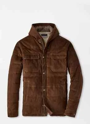 $2295 PETER MILLAR COAT ESPRESSO EXCURSIONIST FLEX SUEDE HOODED BOMBER JACKET XL - Image 1 of 4