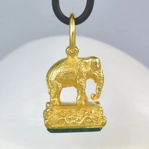 Colgante Oro Vermeil de Ley Verde Calcedonia Elefante de Bolsillo Sello 9.40G - Imagen 1 de 12
