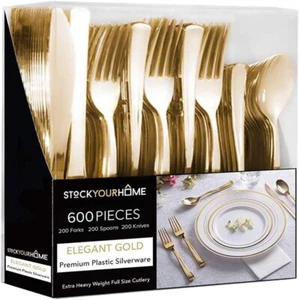 Gold Plastic Silverware Set (600 Bulk Pack) Disposable Cutlery Utensils - Picture 1 of 5