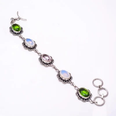 Pulsera de plata de ley 925 oxidada con bellas artes de ópalo lechoso 8,99" B14, Navidad Foto 1 de 4