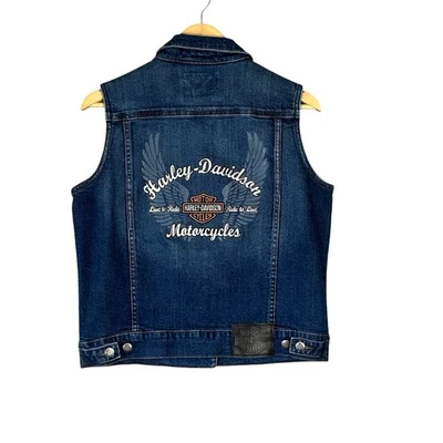 Harley Davidson Denim Vest Womens L  Motorcycle Biker Angel Wings Grunge Y2K - Image 1 of 4