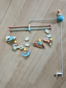 Vintage IRMI Angels Hand Painted Baby Crib Mobile Wood Pink & Blue Moon Stars - Picture 1 of 9