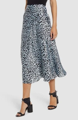 Falda midi Rebecca Minkoff para mujer azul estampado de leopardo tiro alto línea A talla 4 Foto 1 de 4