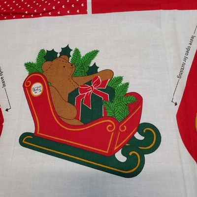 Vintage Cranston Crafts Teddy Sleigh Packages Christmas Fabric Plush Art Panel - Image 1 of 4