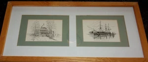 OLD IRONSIDES AND BOSTON STATE HOUSE -C.M. GOFF - DRAWING SKETCHES - 18" x 9" - Picture 1 of 5