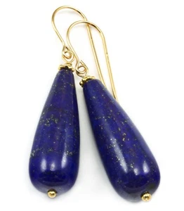 Lapis Earrings Blue Lazuli Smooth Long Teardrops Simple 14k Gold Sterling Silver - Picture 1 of 9
