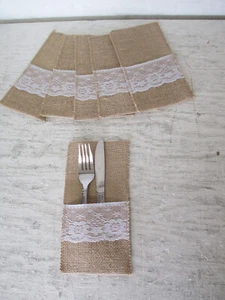 Set of 6 Awtlife Burlap Lace Utensil Holders Silverware Cutlery Pouch Forks - Picture 1 of 4