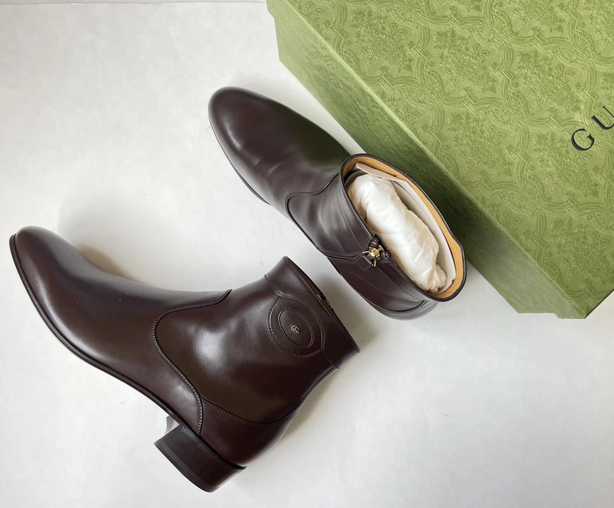 GUCCI Men's Adel Double G Brown Leather Zipper Boot Shoes Sz UK 9