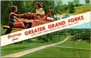 1950s GRAND FORKS, North Dakota Greetings Postcard Multi-View - Highway / Picnic - Picture 1 of 2