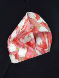 NEW Hand Stitched Tulip Bloom Cotton Fabric Pocket Square Pink White Green Men's - Picture 1 of 3