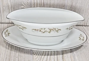 International 326 Springtime White Flowers Gravy Boat with Underplate Platinum - Picture 1 of 7