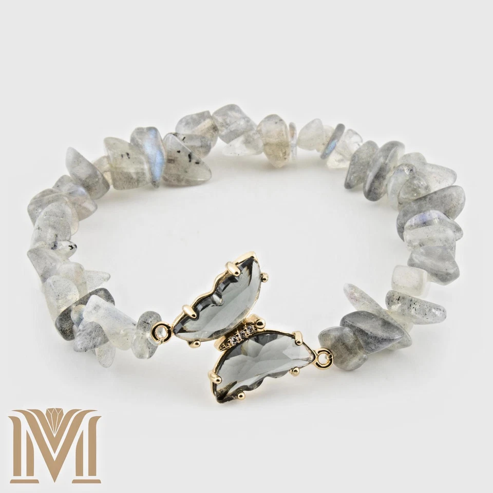Labradorite Chip Stretch Bracelet – Butterfly Charm, Natural Stone Jewelry (6"-8 - Image 1 of 4