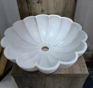 18" White Marble Flower Sink Bowl | Handcrafted Countertop Basin | KPSTONECRAFTS - Picture 1 of 9