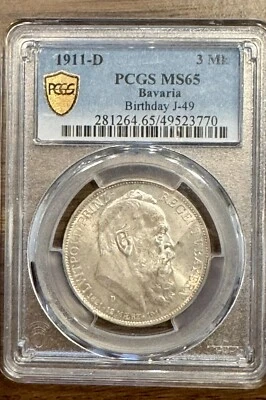 1911-D BAVARIA PRINCE REGENT LUITPOLD 90TH BIRTHDAY 3 MARK PCGS MS-65 - Image 1 of 3