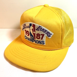 LOS ANGELES LAKERS: 1987 WORLD CHAMPIONS CAP - Yellow Trucker Hat - VTG Vintage - Picture 1 of 14