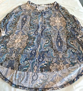 CATO Women's Size XL Blouse 3/4 Tab Sleeves Teal, Black, Cream & Tan Paisley EUC - Picture 1 of 11