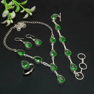 Juego de joyas hechas a mano de piedras preciosas de pera de plata esterlina 925 de amatista verde AAB 205 Foto 1 de 4