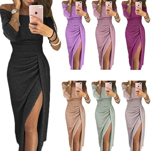 Abito lungo donna maxi formale donna glitter festa spalle scoperte sera - Foto 1 di 22
