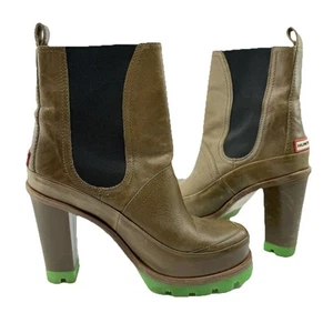 HUNTER ORIGINAL HIGH HEEL CHELSEA BOOTS Leather Women US8 Ankle Waterproof Neon - Picture 1 of 15