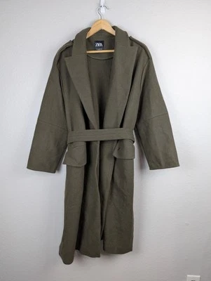 ZARA Khaki Green Oversized BELTED WOOL Notch Lapel Collar COAT Limited Edition L - Image 1 of 4