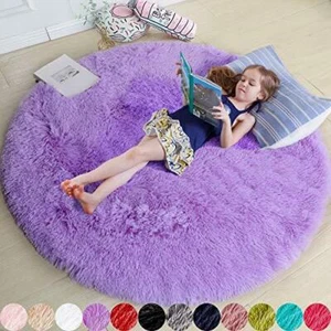 Purple Round Rug for Bedroom,Fluffy Circle Rug 4'X4' for Kids Room,Furry Carpet - Picture 1 of 8