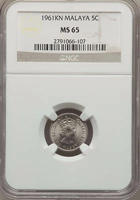Rare 1961 KN Malaya/British Borneo 5 cents Elizabeth- NGC MS 65 - Image 1 of 2