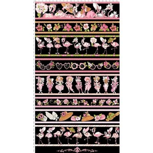 Flamingo Fancy Border Stripe Fabric Birds on Black Cotton Loralie Designs Yard - Picture 1 of 1