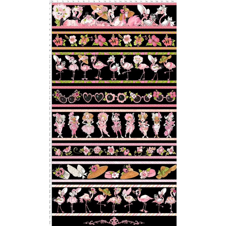Flamingo Fancy Border Stripe Fabric Birds on Black Cotton Loralie Designs Yard - Image 1 of 1
