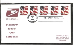 US SC # 3633 USA Flag FDC , Coil.  Strip of 5 B1111. USPS cachet - Picture 1 of 1