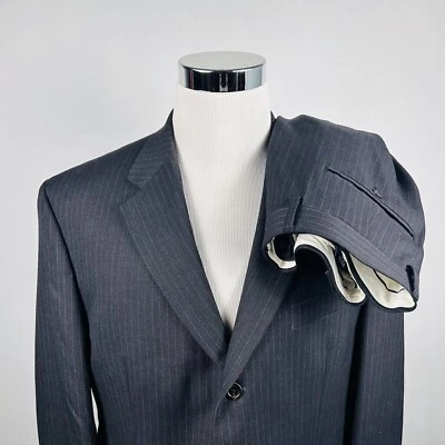 Chaps 44S Suit 34x31 Pleated Gray Striped 100% Wool Three Button Double Vented - Image 1 of 4