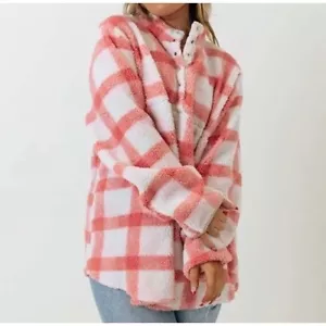 Andree By Unit Sherpa Pullover Gr. 2X rosa kariert Knopfleiste bequem kuschelig Oversize - Bild 1 von 12