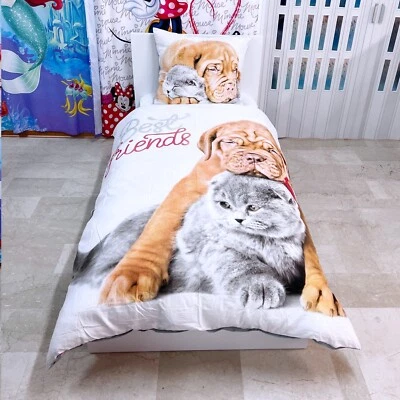 Bulldog Cane con Gatto Set 2 pezzi Letto Singolo Copripiumino 160x200cm Cotone - Immagine 1 di 3