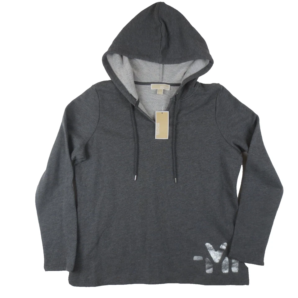 NWT Michael Kors Hoodie Womens Large Gray Long Sleeve V Neck Logo Pullover - Image 1 of 4