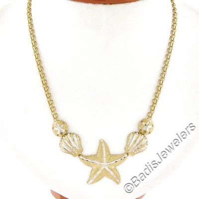 Collar de cadena Bismark de oro de 14k concha de mar y estrella de arena corte diamante Foto 1 de 4