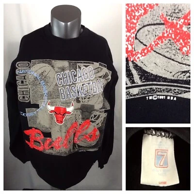 Винтажный Chicago Bulls толстовка (большой) логотип 7 NBA Crewneck свитер вязаный черный - Изображение 1 из 4