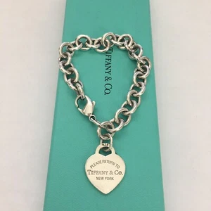 Please Return Tiffany & Co. Silber Herz Anhänger Kette Gliederarmband 7,25" Etui! - Bild 1 von 6
