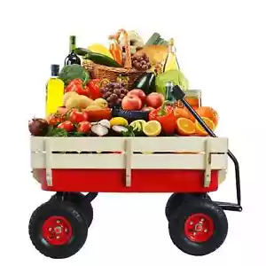 Outdoor Sport Wagon Tools Cart Wooden Side Panels Air Tires Wagon Red - Picture 1 of 20