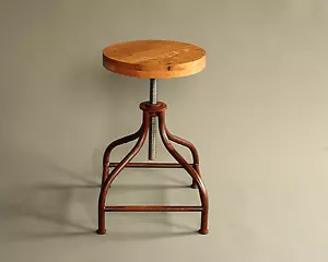 Bar stool, handmade, rusted steel, oak seat, adjustable height - Picture 1 of 9