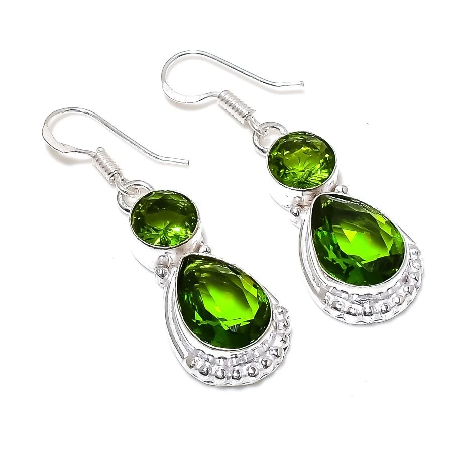 Green Peridot Gemstone Handmade 925 Sterling Silver Jewelry Earring Size 2" - Image 1 of 1