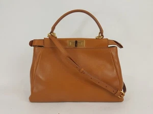 Fendi Peekaboo Caramel Brown Leather Top Handle Crossbody Bag Handbag - Picture 1 of 11