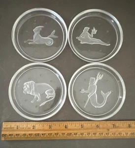 LOT OF 4 VAL ST LAMBERT ETCH INTAGLIO CRYSTAL ZODIAC SIGN COASTERS AQUARIUS LEO - Picture 1 of 8