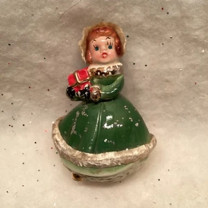 1940’s Christmas Figurine Rhinestone Eyes Pipe Cleaner Fur Trim Japan 4.5” Green - Picture 1 of 8