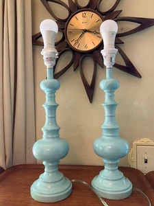 Pair Set 2 Resin Spindle Candlestick Table Lamps 18.5" BLUE Bedside Beaded As Is - Picture 1 of 20