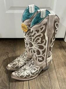 Corral Ladies White Oxford Inlay Crystals & Embroidery Boots Sz 8￼ - Picture 1 of 7