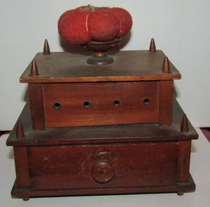 Primitive 1800's Sewing Box Thread Holder Pin Cushion with Drawer Sewing Box - Picture 1 of 9