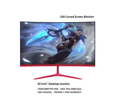 24 inch LED/LCD Ultra-thin Compute Curved Screen Monitor PC 75Hz HD Gaming HDMI - Image 1 of 4