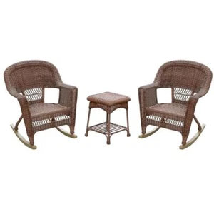 Jeco 3 Piece Resin Wicker Outdoor Patio Rocker Chair Set in Honey - Picture 1 of 9