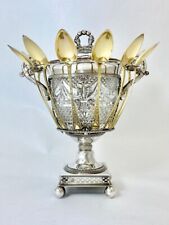 Antique Hallmarked Sterling Silver & Crystal Lidded Vase W 12 Vermeil Teaspoons