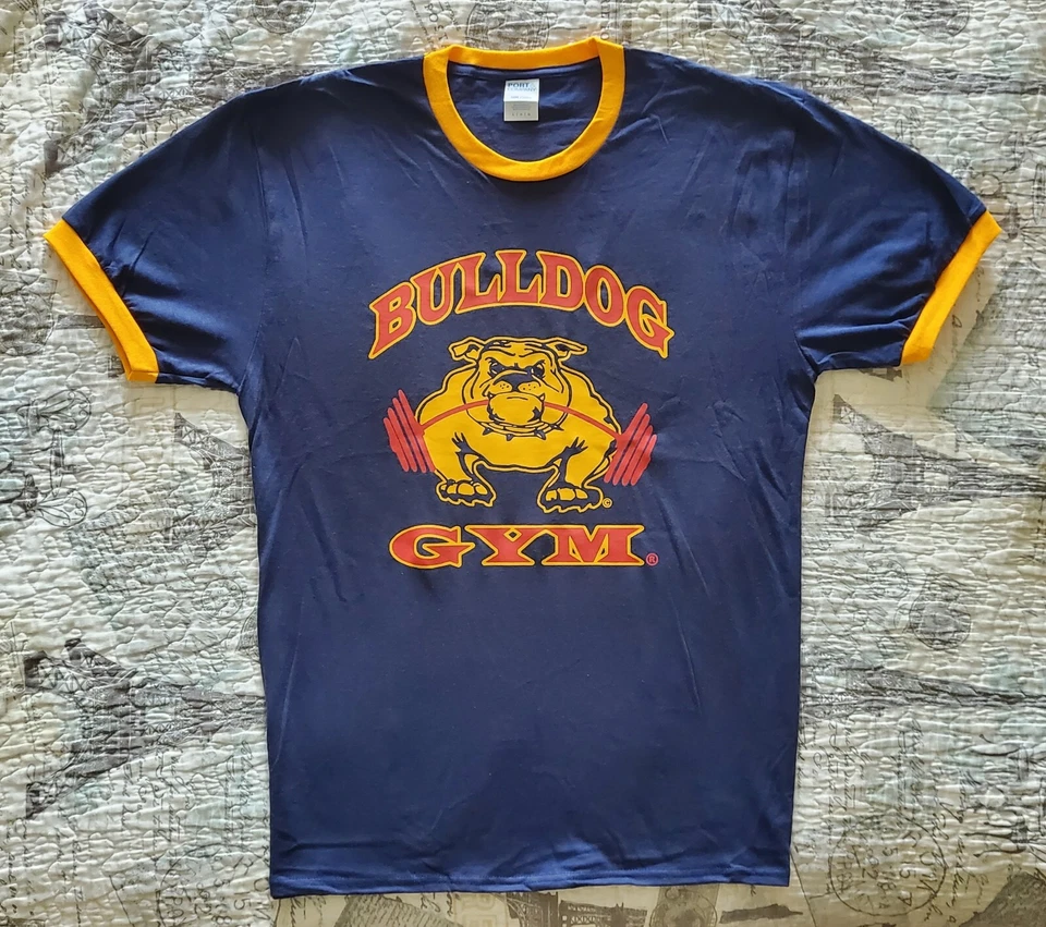 Camiseta Bulldog Gimnasio Old School Culturismo Entrenamiento Músculo Azul Marino/Dorado Timbre  Foto 1 de 2